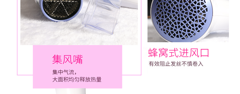 聚風口，集中風力，快速吹發；窩旋式進風口，有效阻止發絲不慎進入